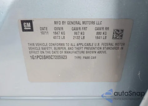 2012 Chevrolet Cruze Ls from USA, damaged, VIN 1G1PC5SH5C7205923